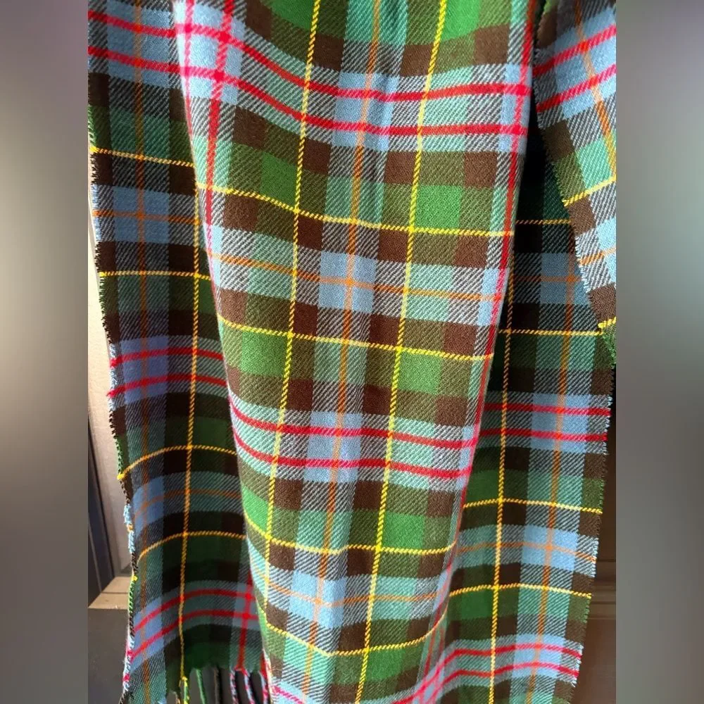 Lands End Tartan Plaid Fringe Scarf Blue Green Black